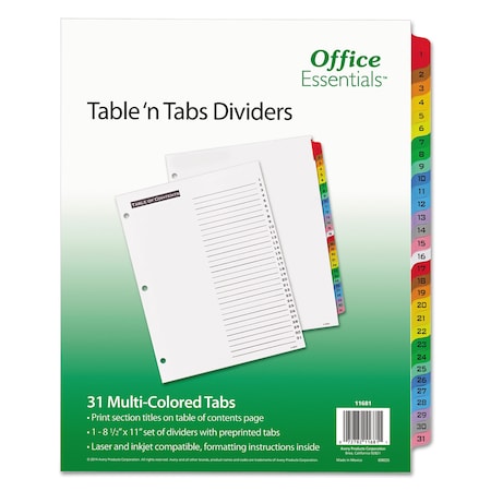 Office Essentials Index System, 1-31 Tab/Index, Assorted Colors, PK31 11681